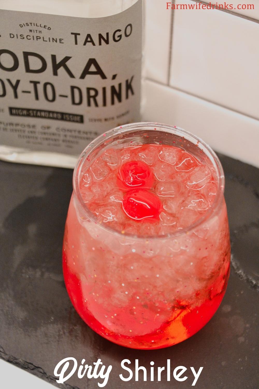 The dirty Shirley Temple cocktail is simple to make vodka cocktail with three ingredients of Sprite, maraschino cherries and vodka.