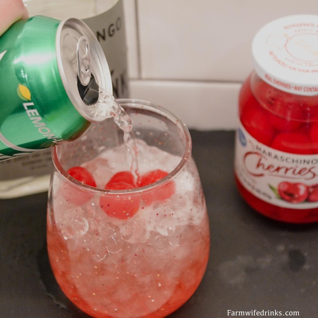 The dirty Shirley Temple cocktail is simple to make vodka cocktail with three ingredients of Sprite, maraschino cherries and vodka.