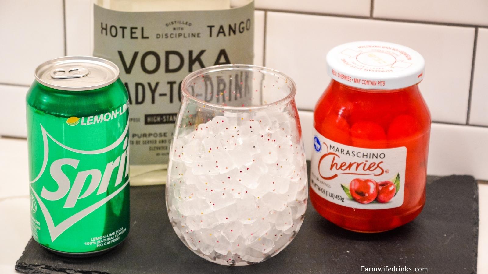 The dirty Shirley Temple cocktail is simple to make vodka cocktail with three ingredients of Sprite, maraschino cherries and vodka.