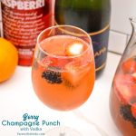 A refreshingly light and fruity champagne punch with vodka is easy to put together with real fruit, juices, vodka, and of course champagne.
