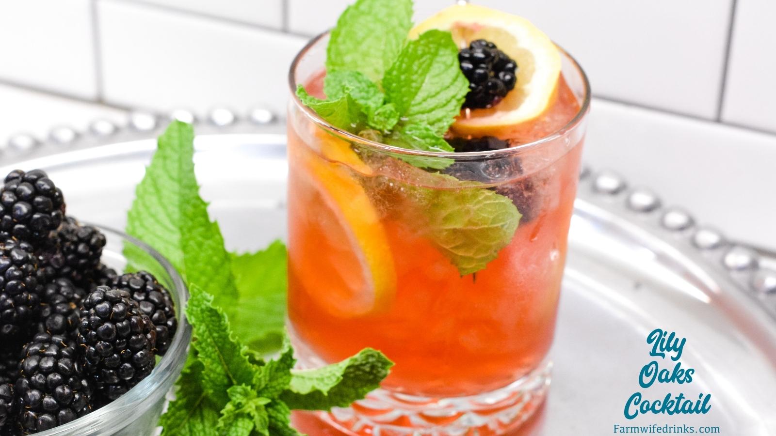 The Lily Oaks drink is a combination of cranberry juice, orange liqueur, lemonade, and vodka combined and garnished with mint, lemon, and blackberries.