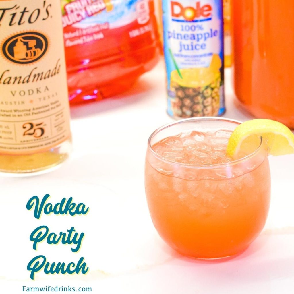 Vodka party punch is a mixture of Hawaiian Punch, orange juice, pineapple juice, ginger ale, and vodka.