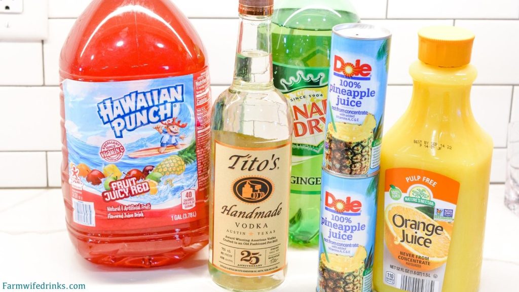 Vodka party punch is a mixture of Hawaiian Punch, orange juice, pineapple juice, ginger ale, and vodka.