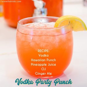 Vodka party punch is a mixture of Hawaiian Punch, orange juice, pineapple juice, ginger ale, and vodka.