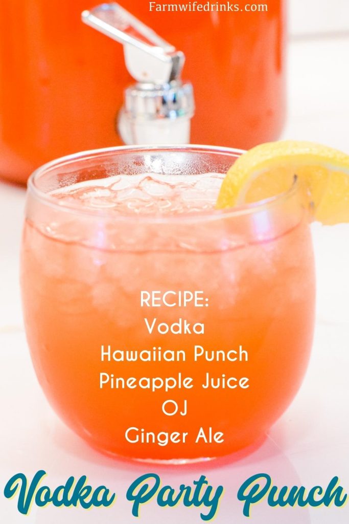 Vodka party punch is a mixture of Hawaiian Punch, orange juice, pineapple juice, ginger ale, and vodka.