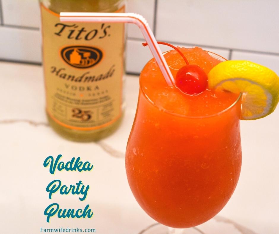 Vodka party punch is a mixture of Hawaiian Punch, orange juice, pineapple juice, ginger ale, and vodka.