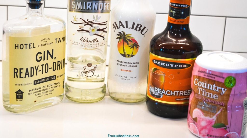 Island Lemonade Ingredients - Gin, Vodka, Malibu Rum, Peach Schnapps, Pink Lemonade