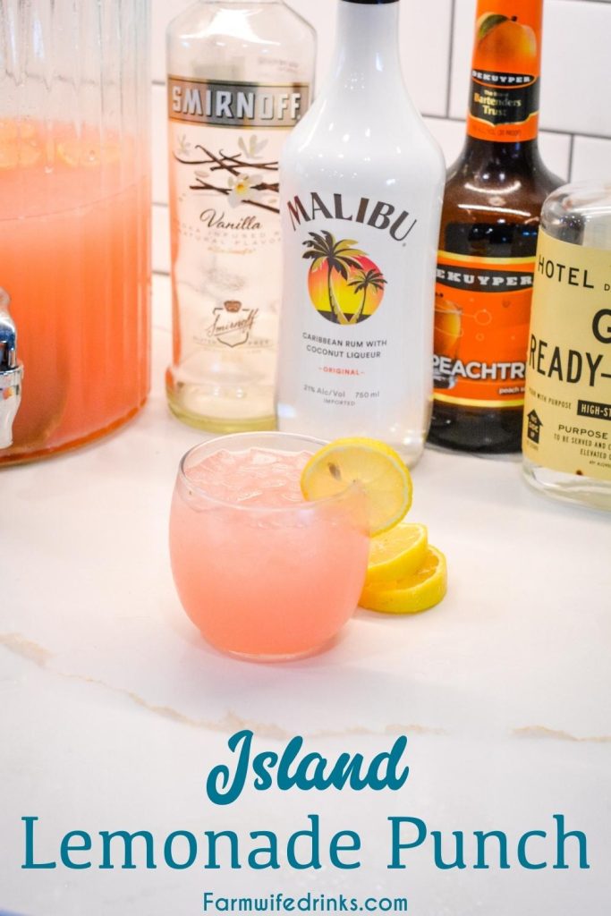 The pink lemonade cocktail known as Island Lemonade is filled with coconut rum, gin, peach schnapps, and vodka and tastes just like the islands.