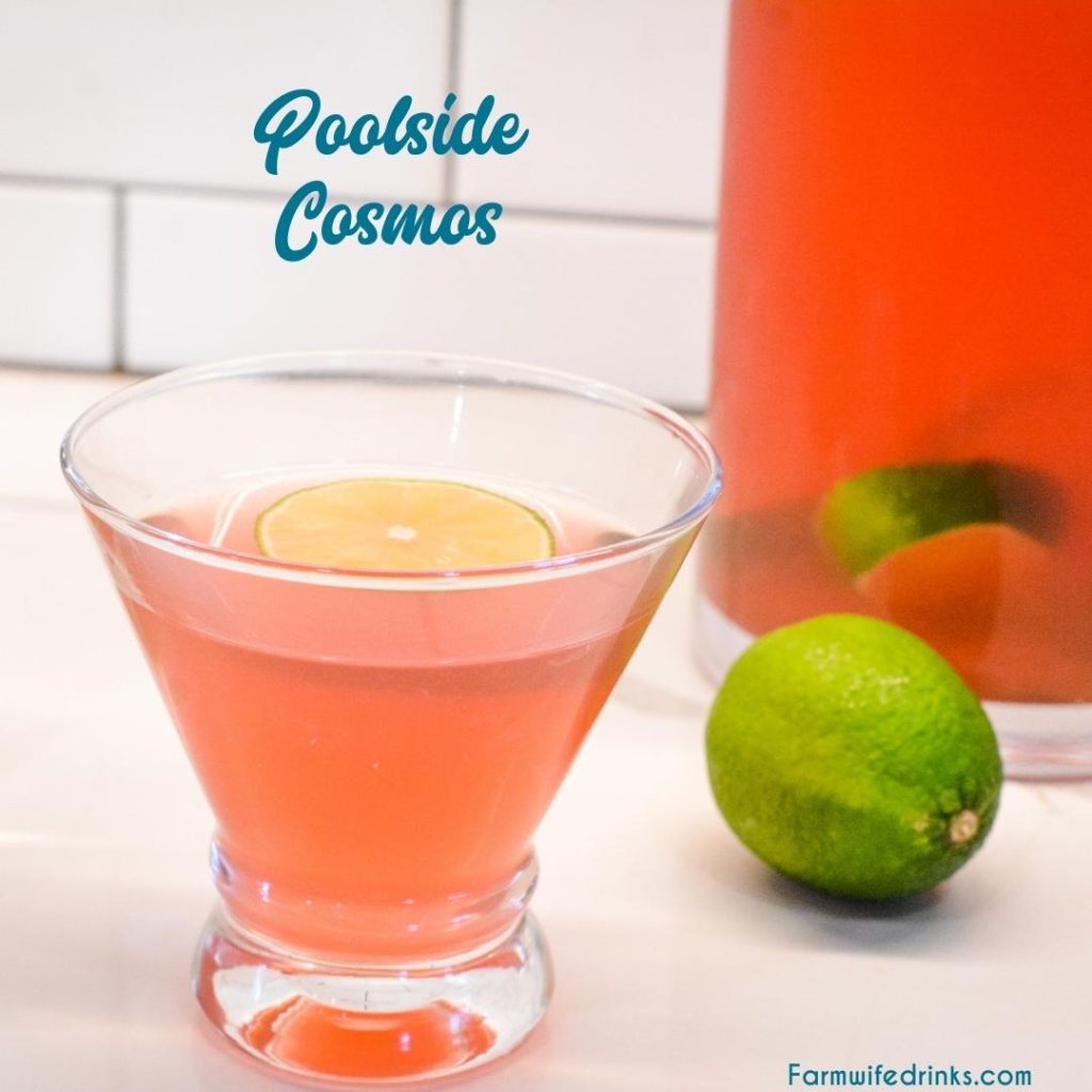 Poolside Cosmos is a four-ingredient vodka cocktail with lime slice garnishes that can be made by the pitcher so you don't have to be making your cocktails over and over.