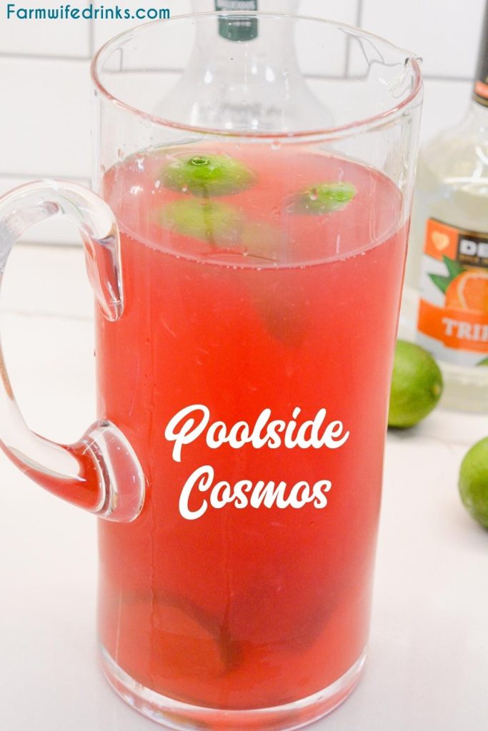 Poolside Cosmos is a four-ingredient vodka cocktail with lime slice garnishes that can be made by the pitcher so you don't have to be making your cocktails over and over.