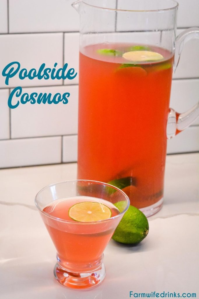Poolside Cosmos is a four-ingredient vodka cocktail with lime slice garnishes that can be made by the pitcher so you don't have to be making your cocktails over and over. 