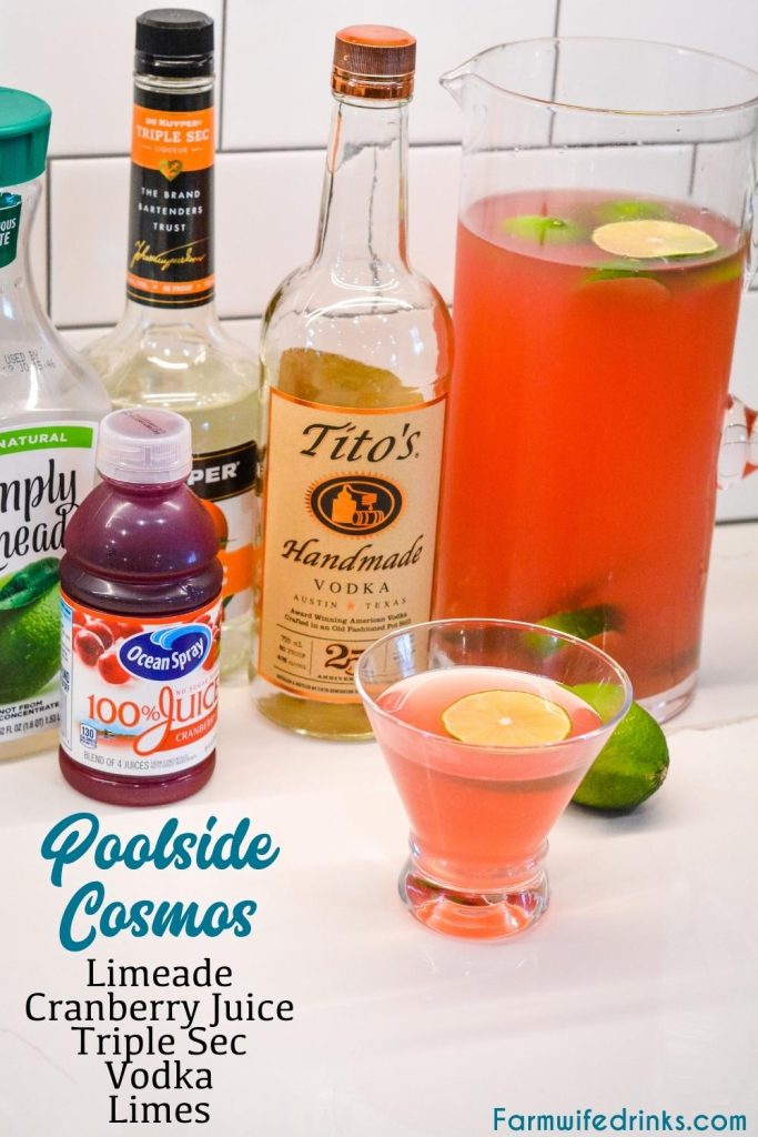 Poolside Cosmos is a four-ingredient vodka cocktail with lime slice garnishes that can be made by the pitcher so you don't have to be making your cocktails over and over.