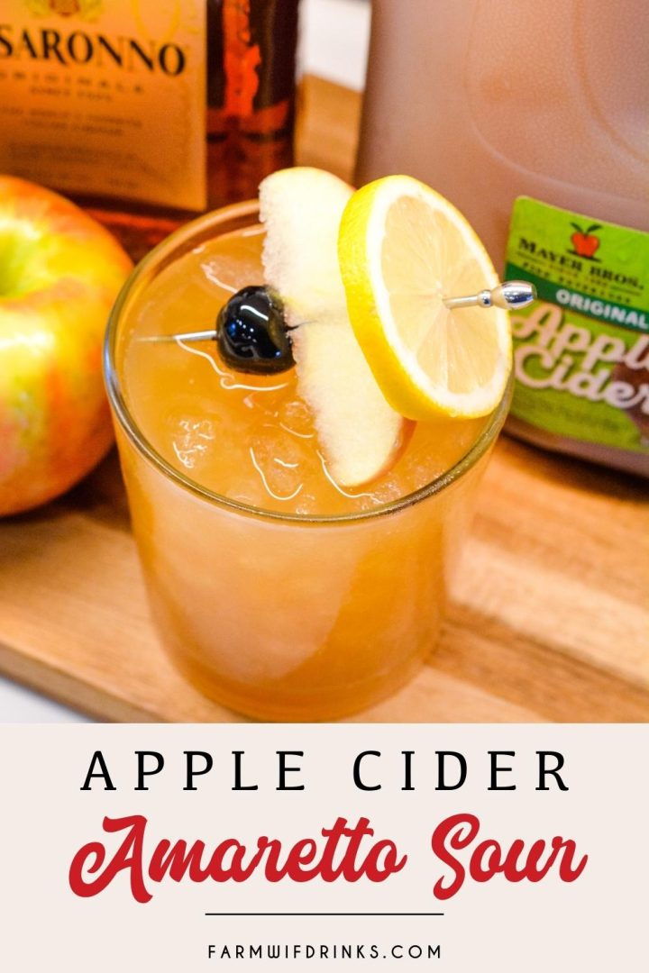 Apple Cider Amaretto Sour drink is the perfect fall cocktail that is sweet and crisp, great for sipping around a campfire. The recipe is simple with just lemon juice, apple cider, and amaretto.