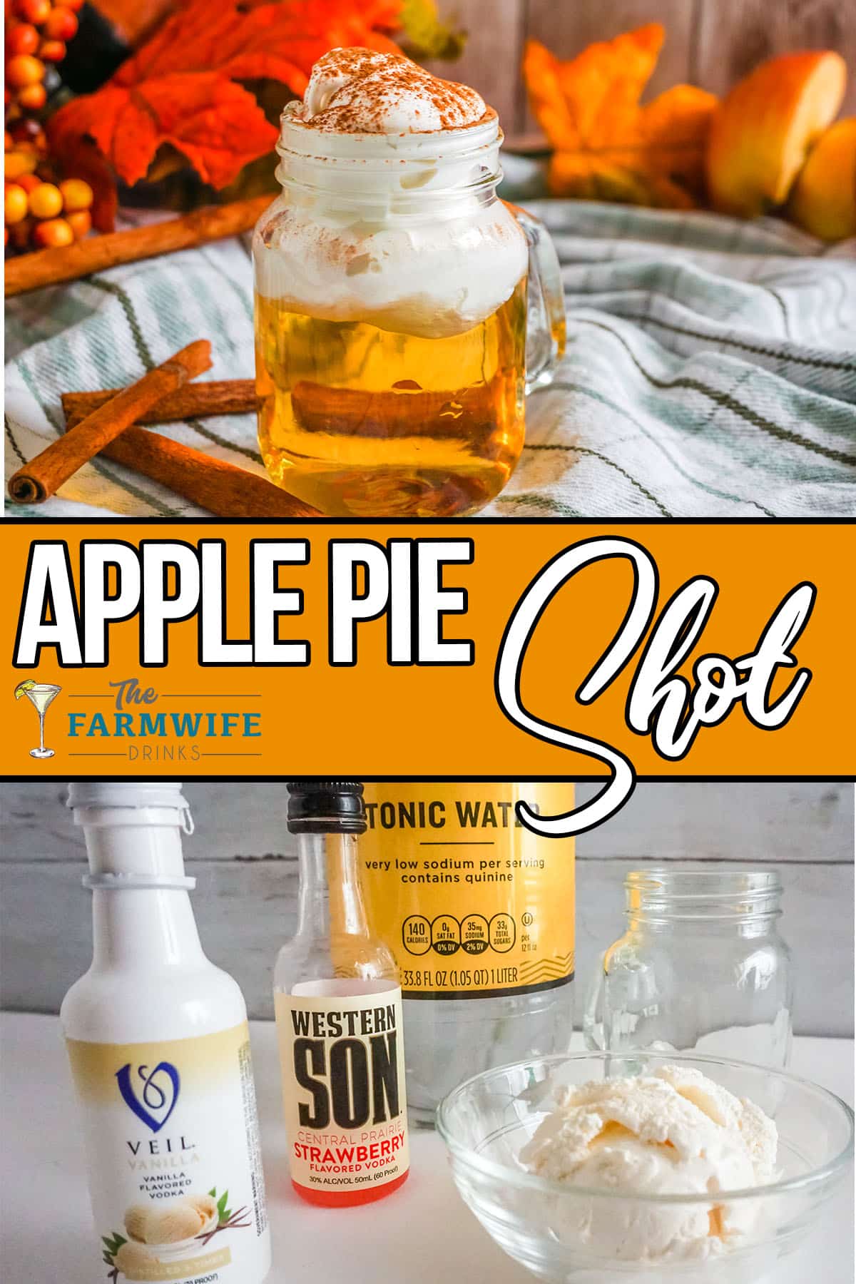 Apple Pie Shot Ingredients with finished Cocktail.