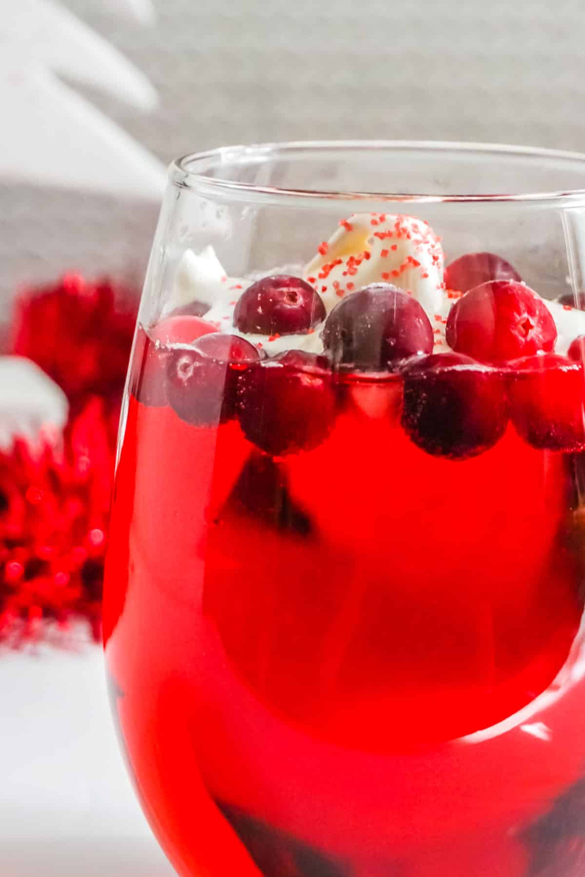 close up of Christmas punch and whipped topping.