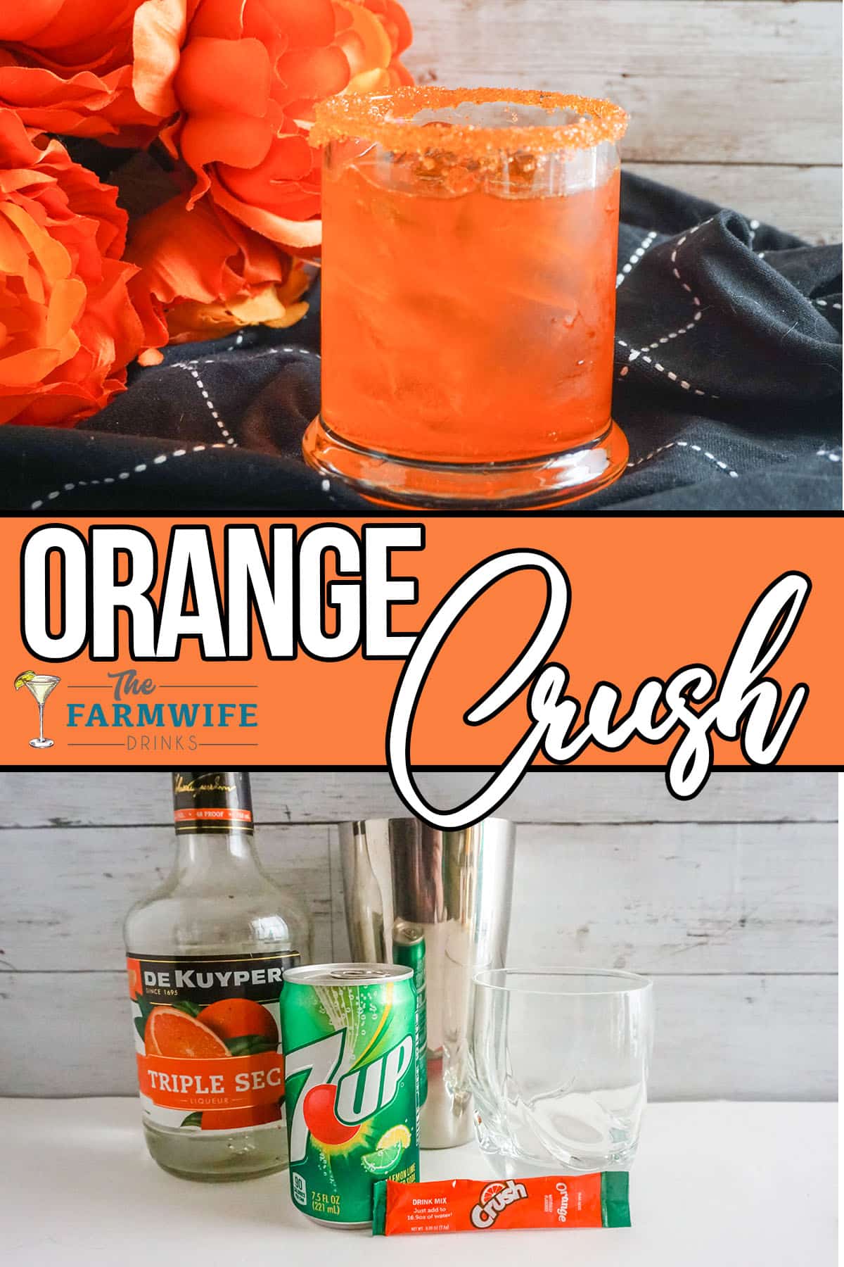 Ingredients for the Orange Crush Cocktail and finished drink.