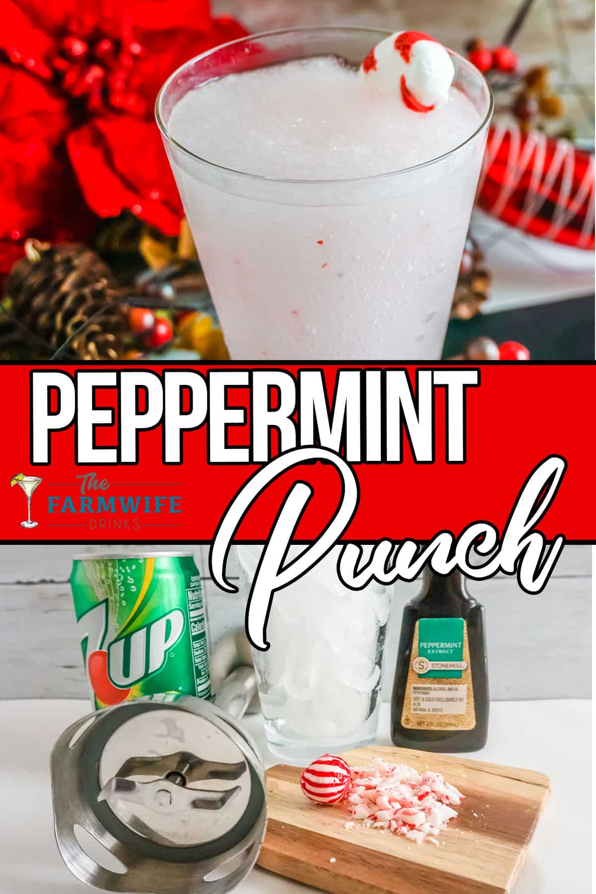 Ingredients for Peppermint Punch Mocktail with finished drink.
