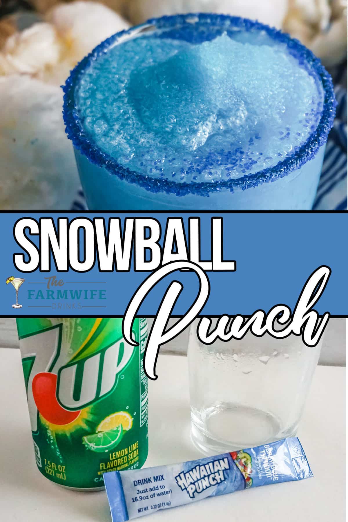 Simple ingredients to a Blue Frozen Snowball Punch.