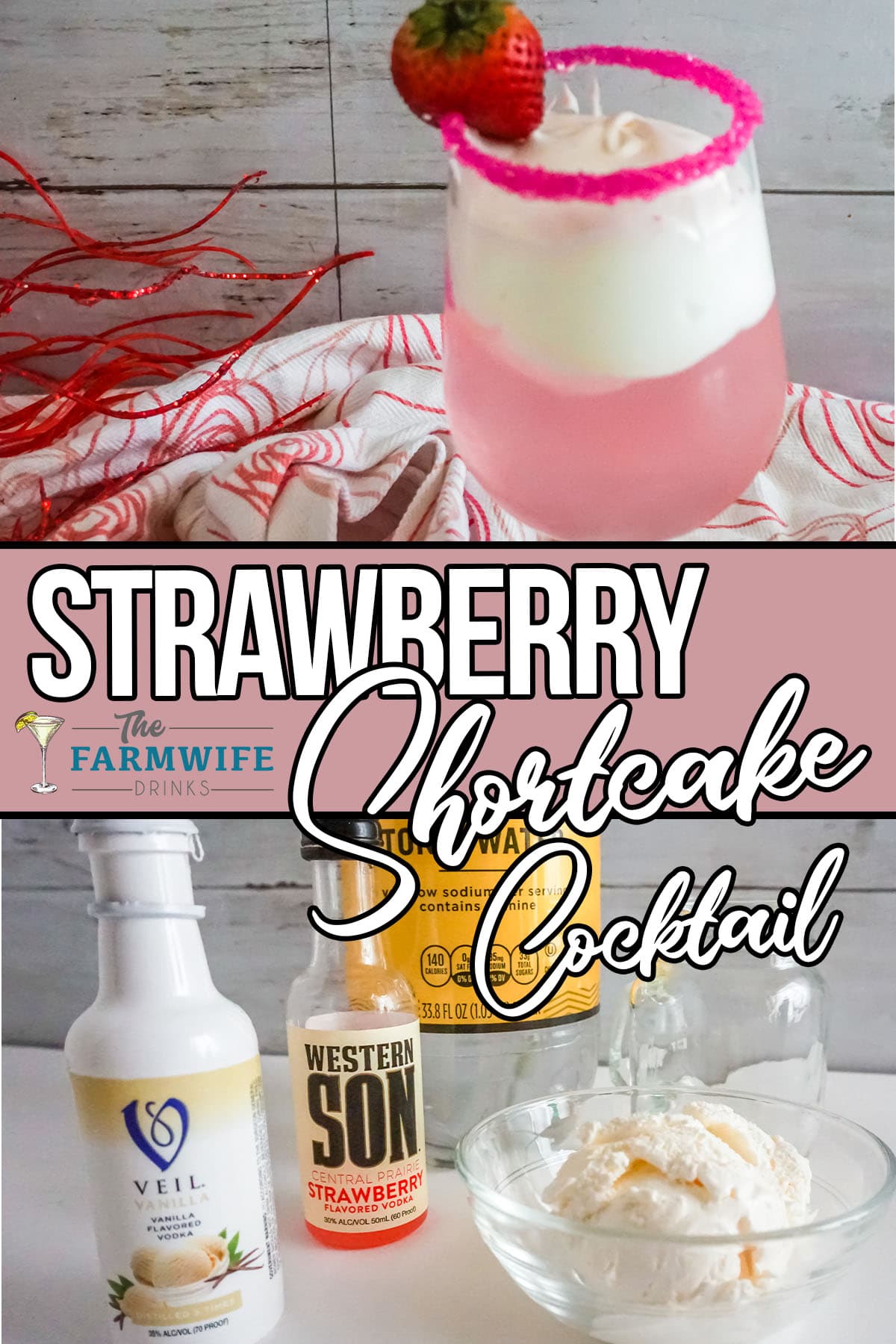Ingredients and finished Strawberry Shortcake Cocktail.