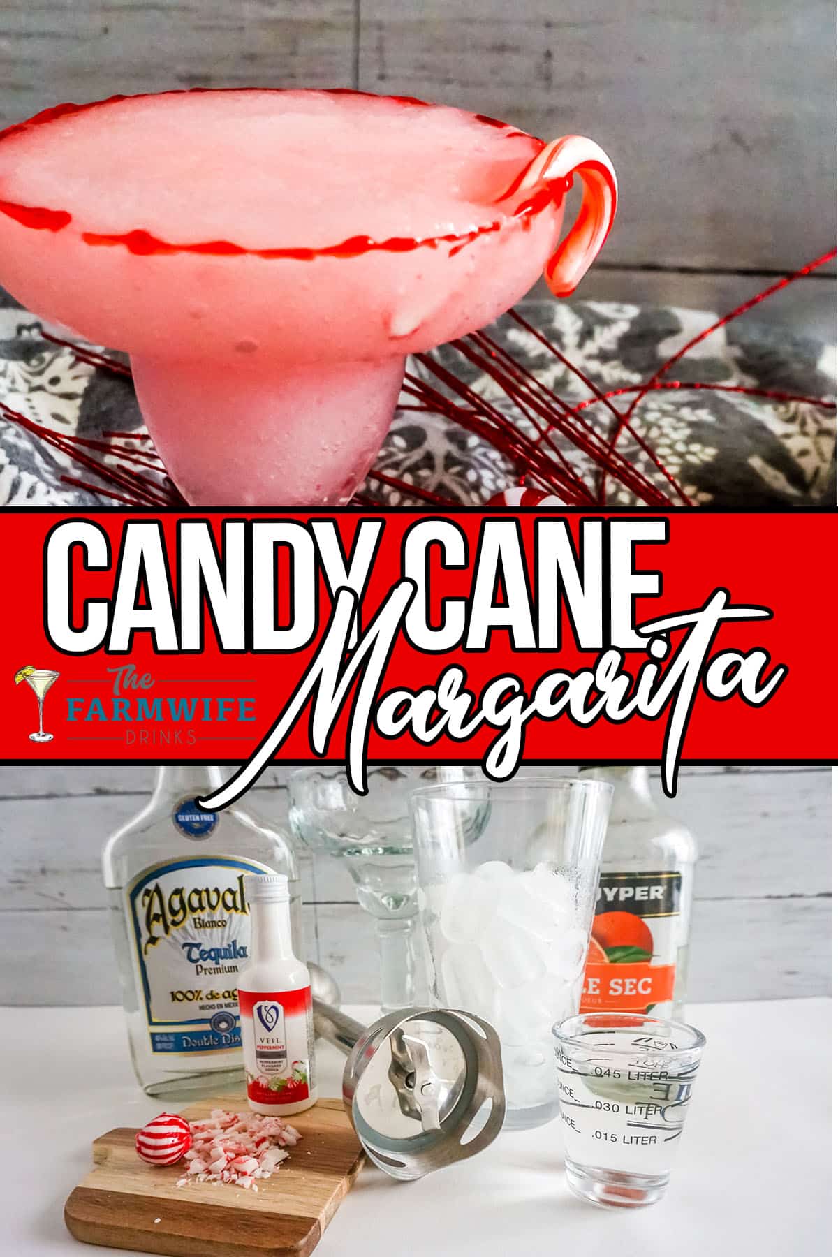 Ingredients for the Candy Margarita and candy displayed with frozen drink.