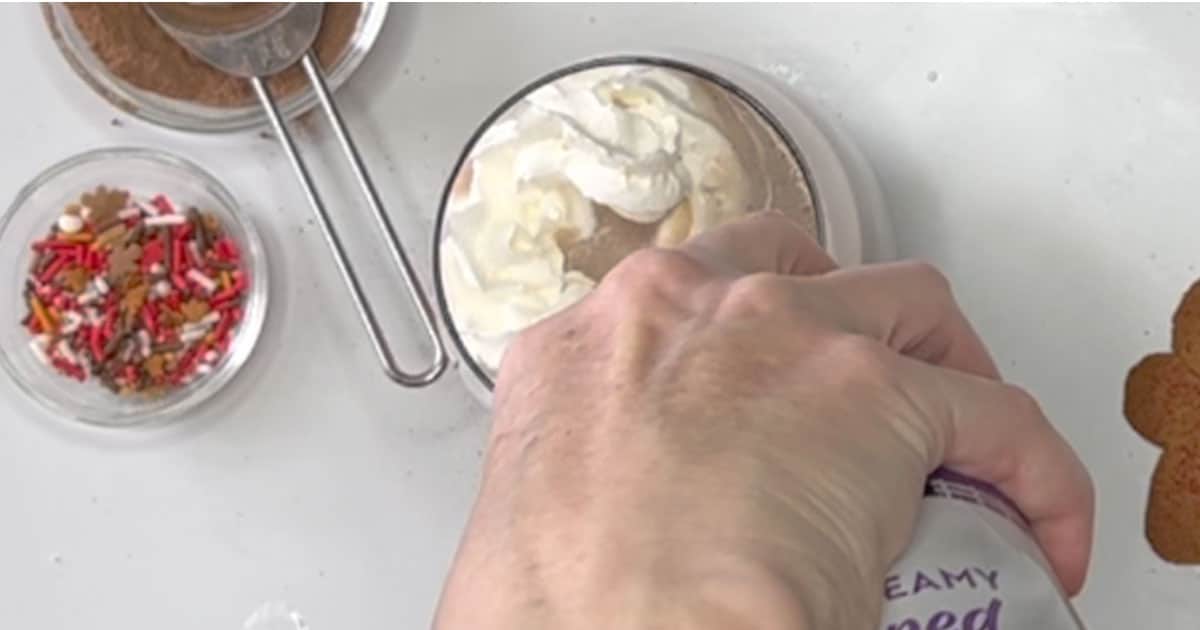 Topping Gingerbread Hot Cocoa with whipped cream.