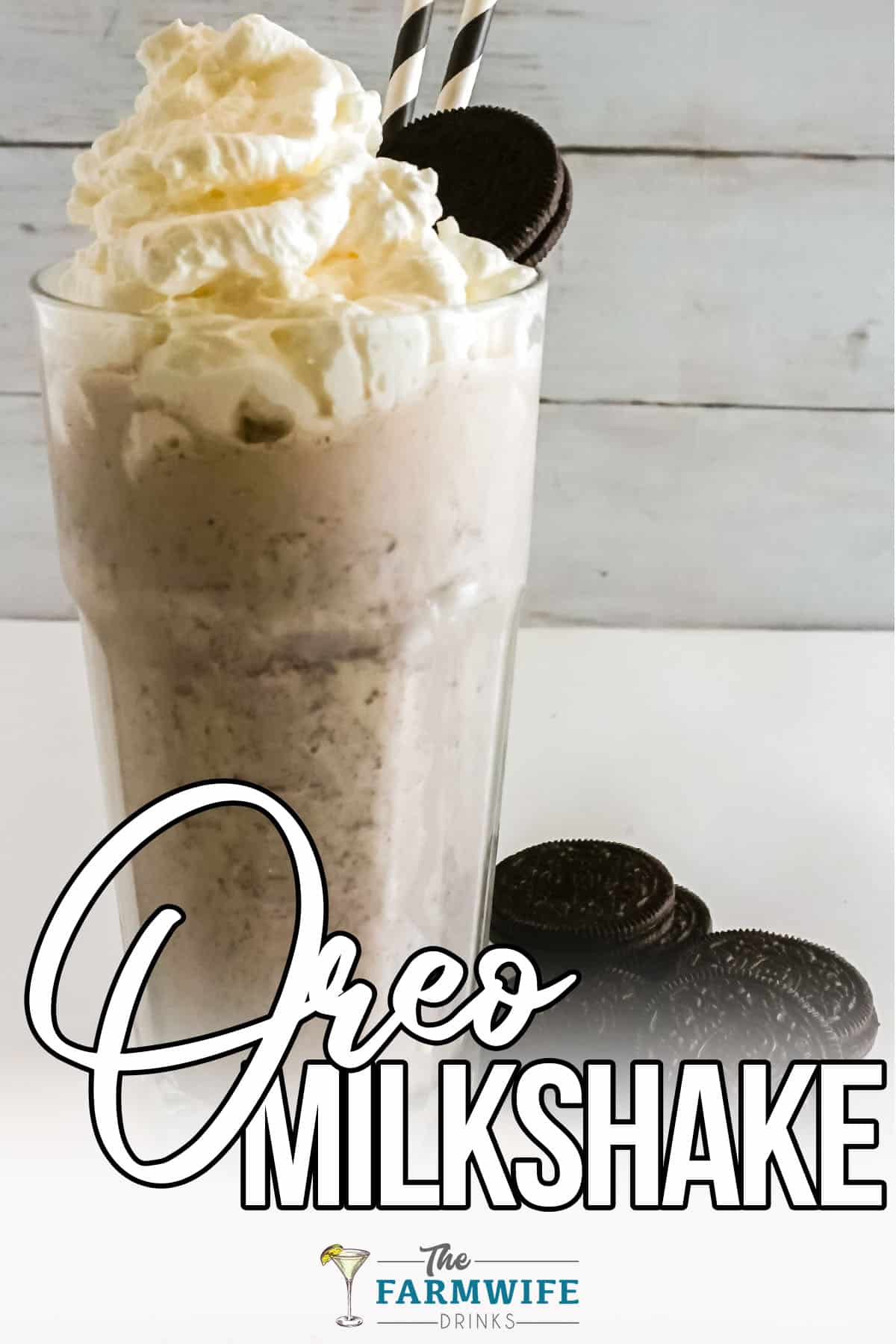 Full front view of Oreo Milkshake with wording on bottom.