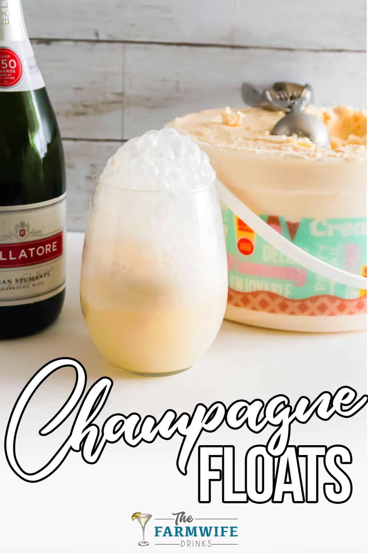 Champagne Ice Cream Float with ingredients behind it.