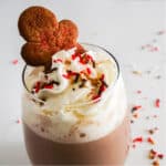 close up of Gingerbread Hot Cocoa with cookie on top.