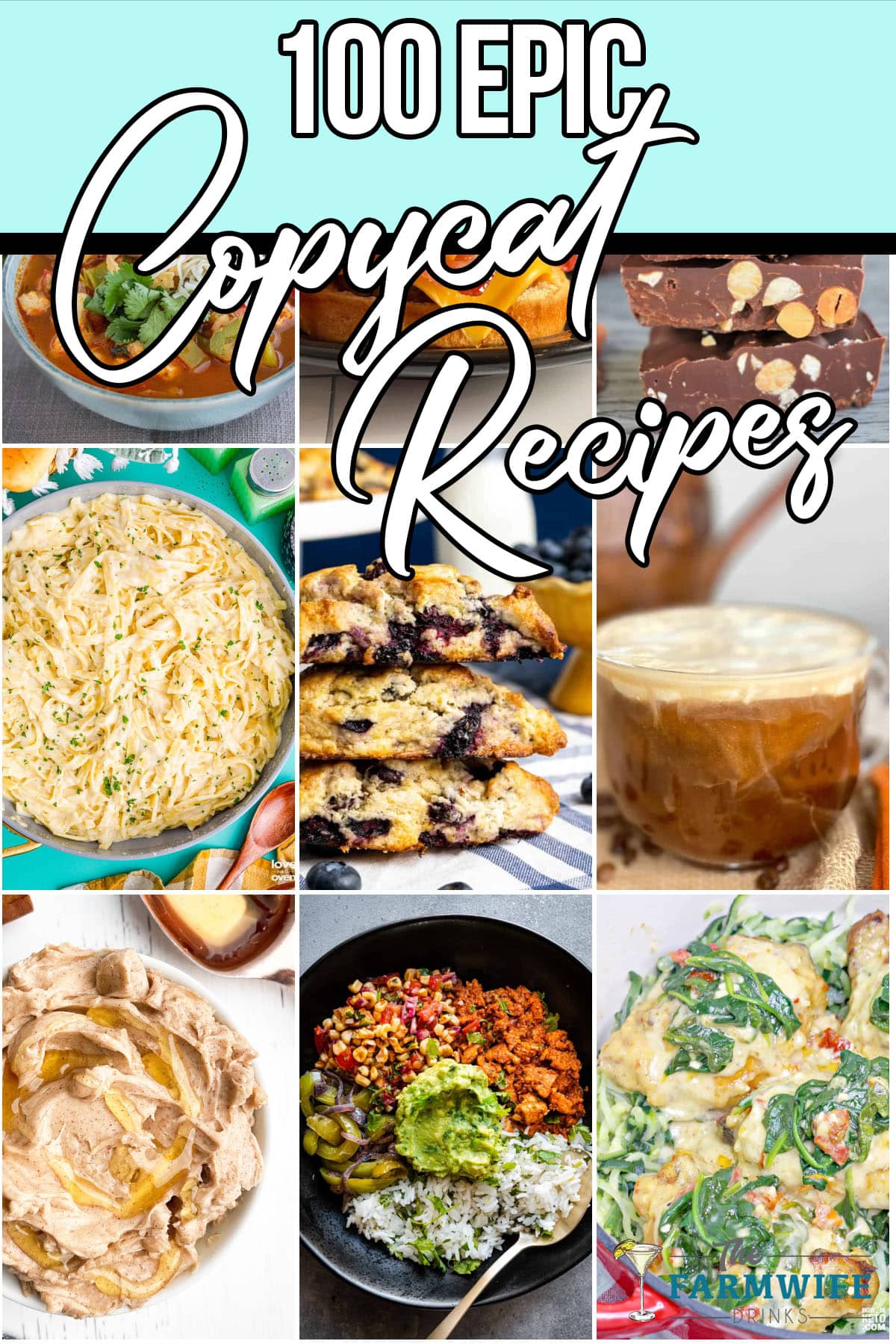 photo collage of easy restaurant duplicate recipes with text which reads 100 epic copycat recipes