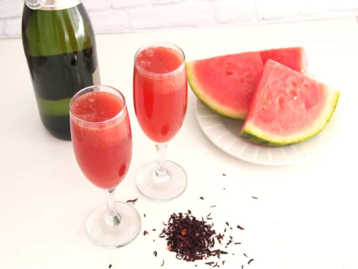 watermelon hibiscus mimosa pink drink recipe