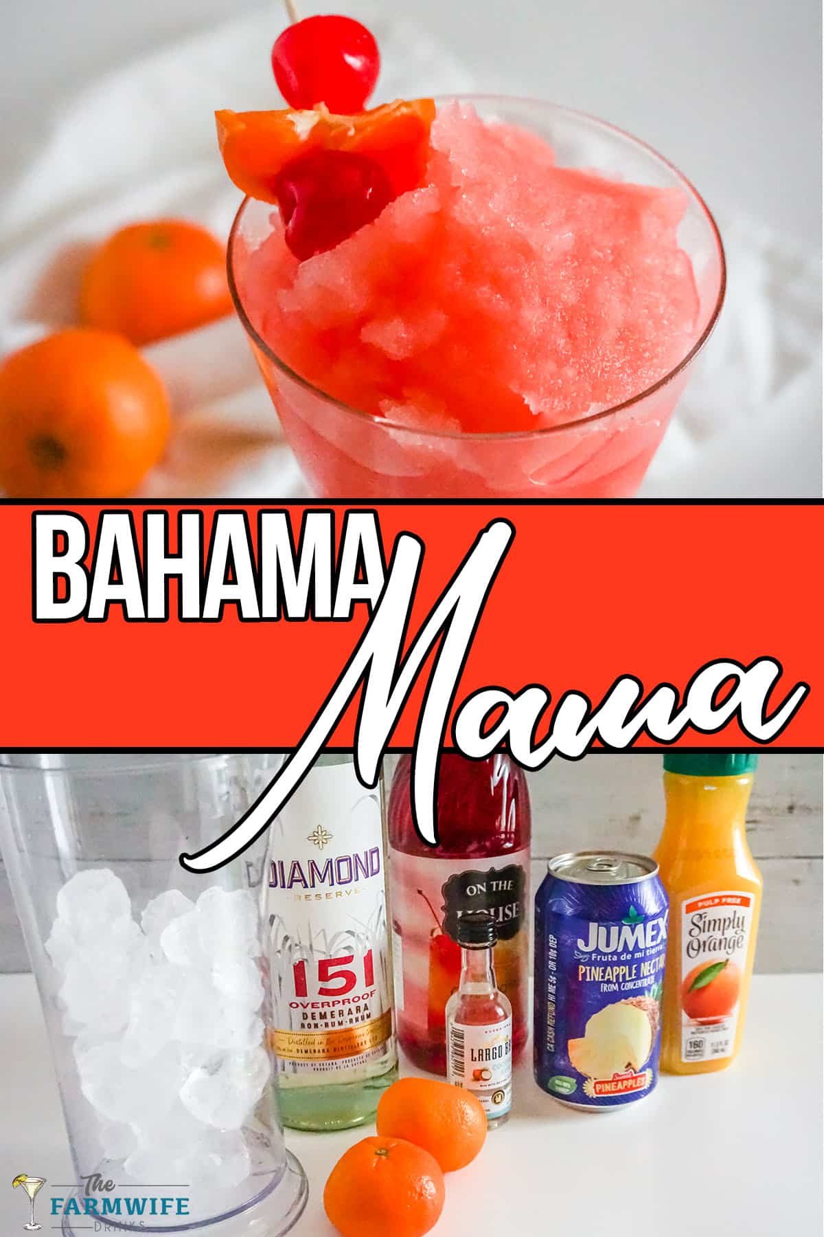 photo collage of ingredients and finished cocktail with text which reads bahama mama cocktail