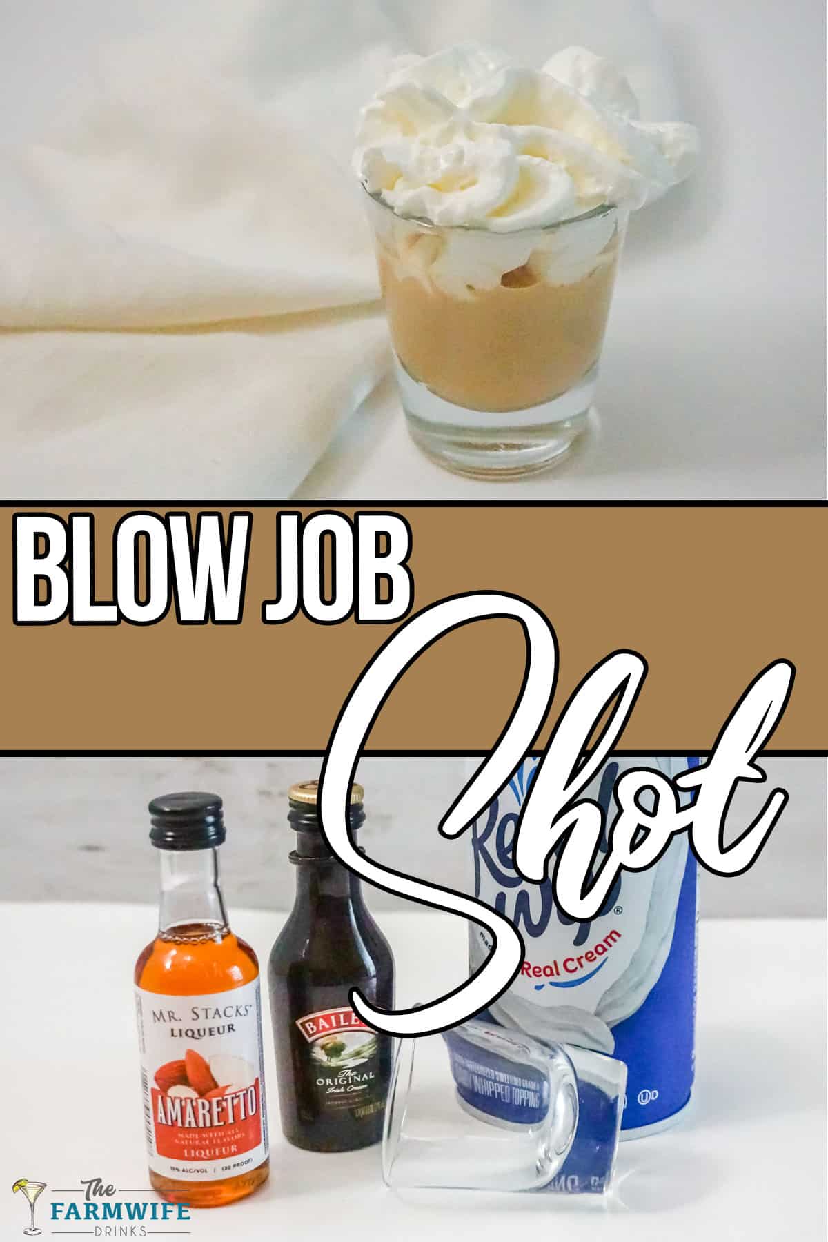 photo collage of finished cocktail and ingredients to make it with text which reads blow job shot