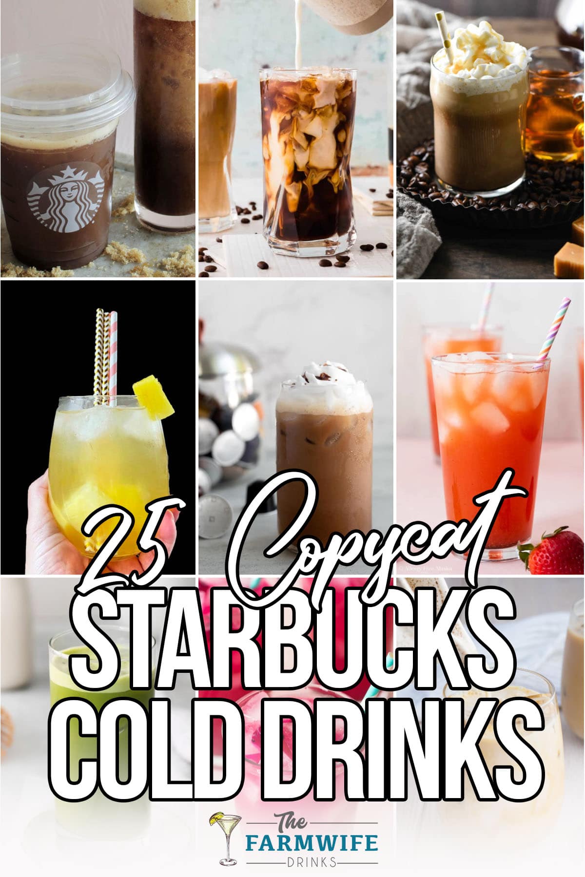 collage of photos of different iced starbucks drinks with text which reads 25 copycat starbucks cold drinks
