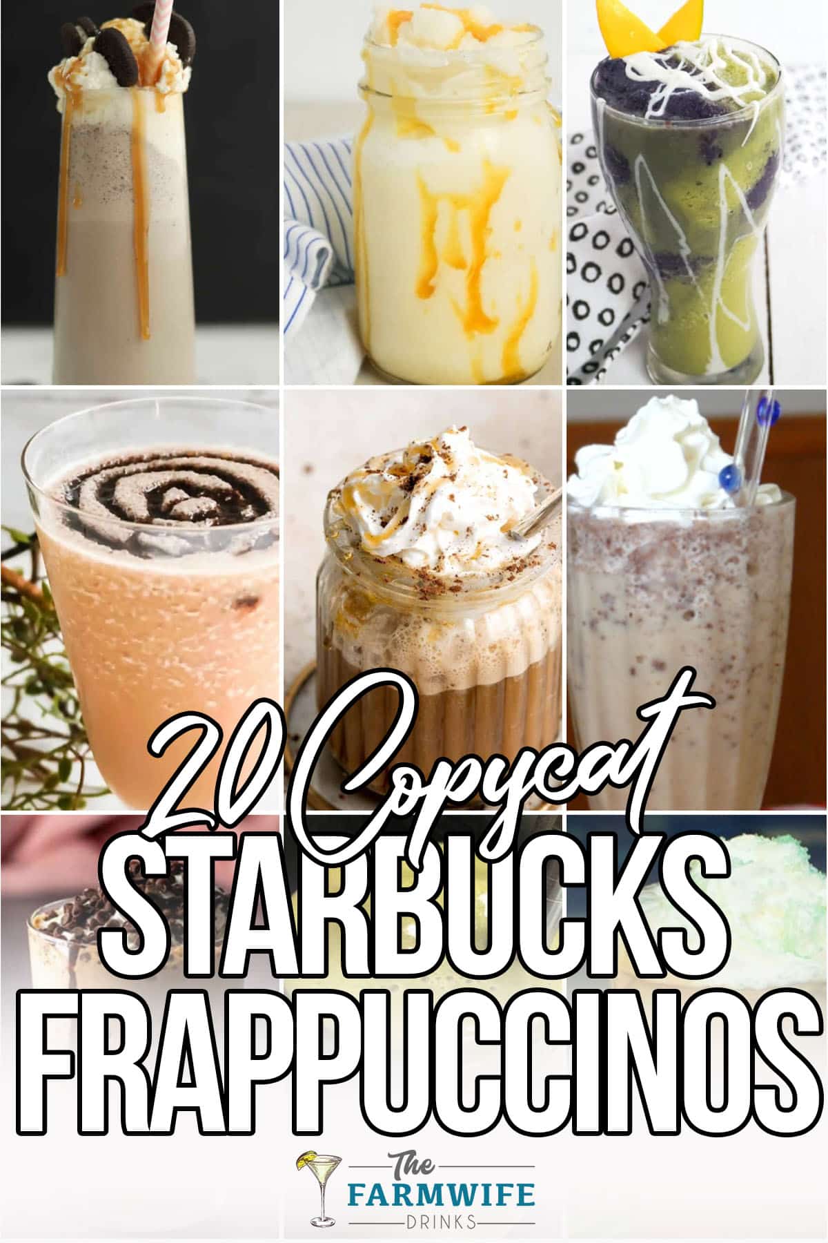 photo collage of easy frappuccino recipes with text which reads 20 copycat starbucks frappuccinos 
