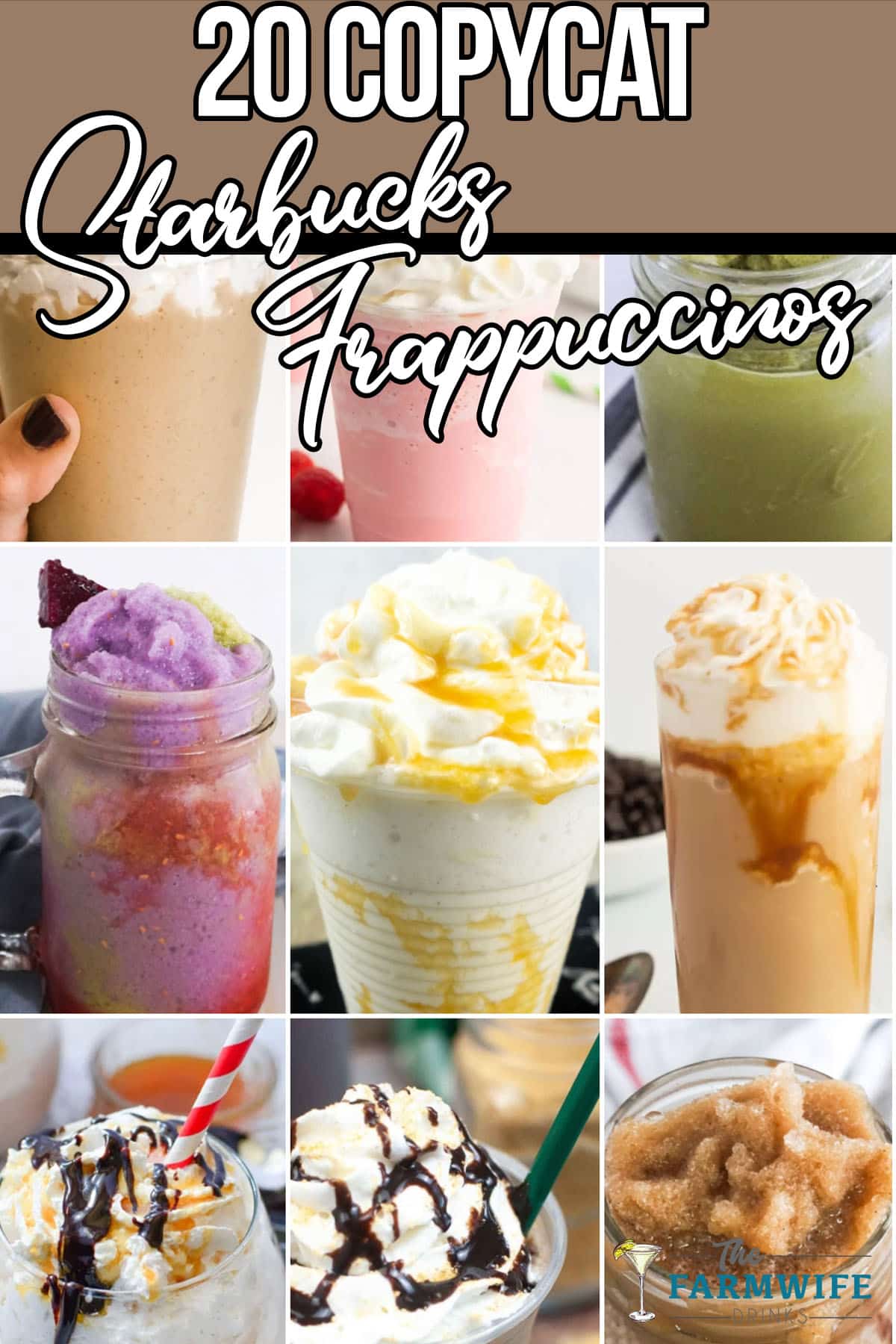 photo collage of homemade frappuccino recipes with text which reads 20 copycat starbucks frappuccinos 