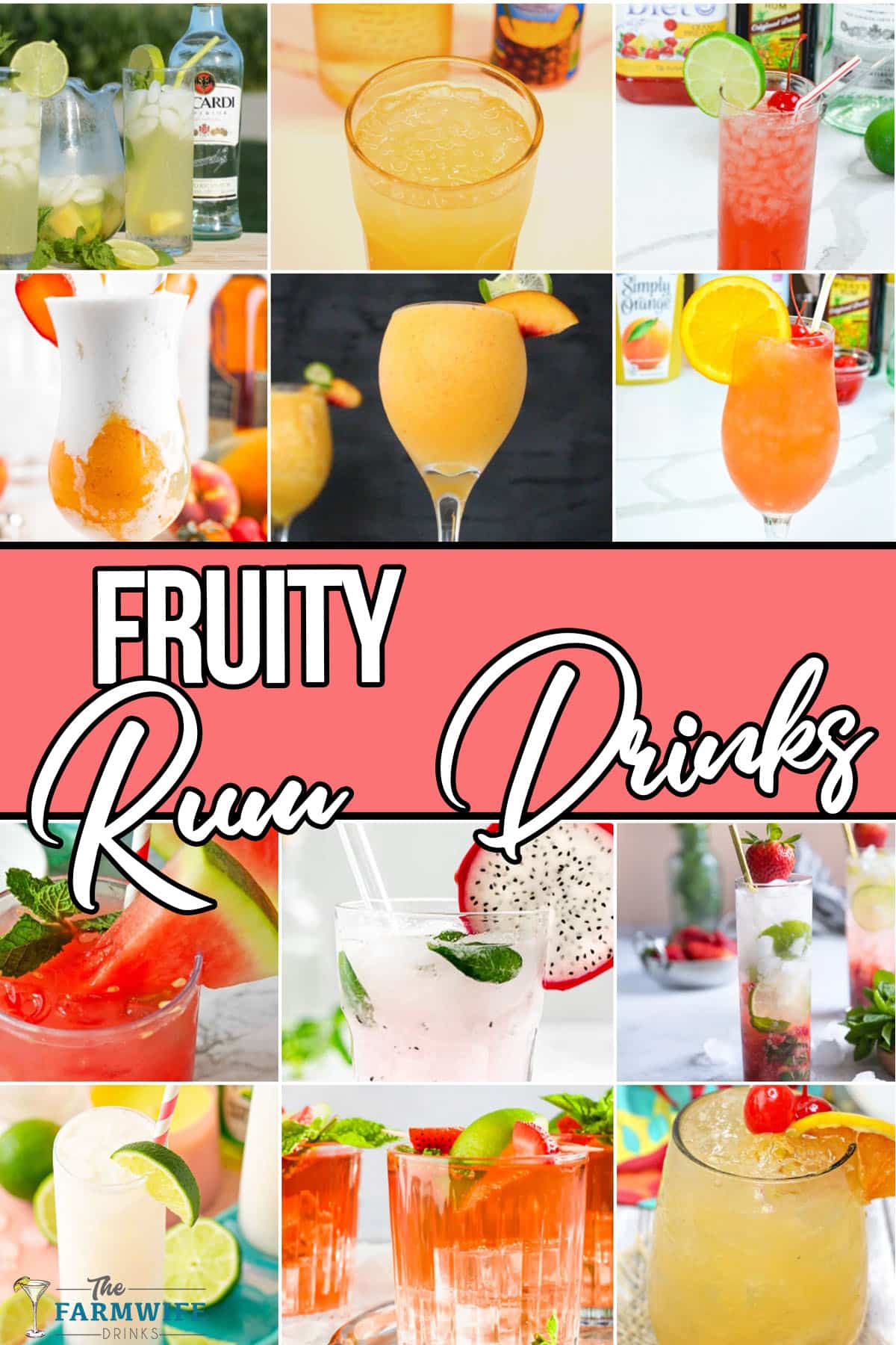 photo collage of fruit and rum cocktail recipes with text which reads fruity rum drinks