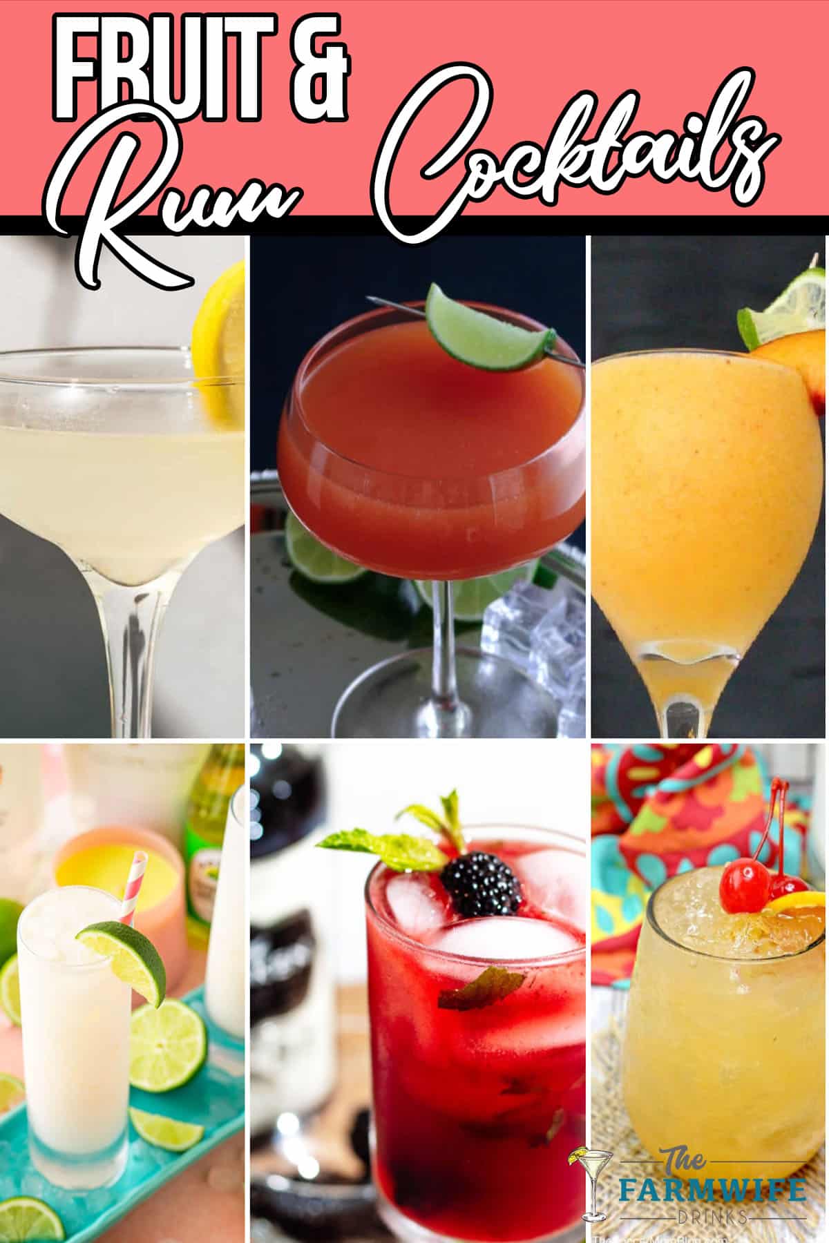 photo collage of fruity rum drink recipes with text which reads fruit and rum cocktails