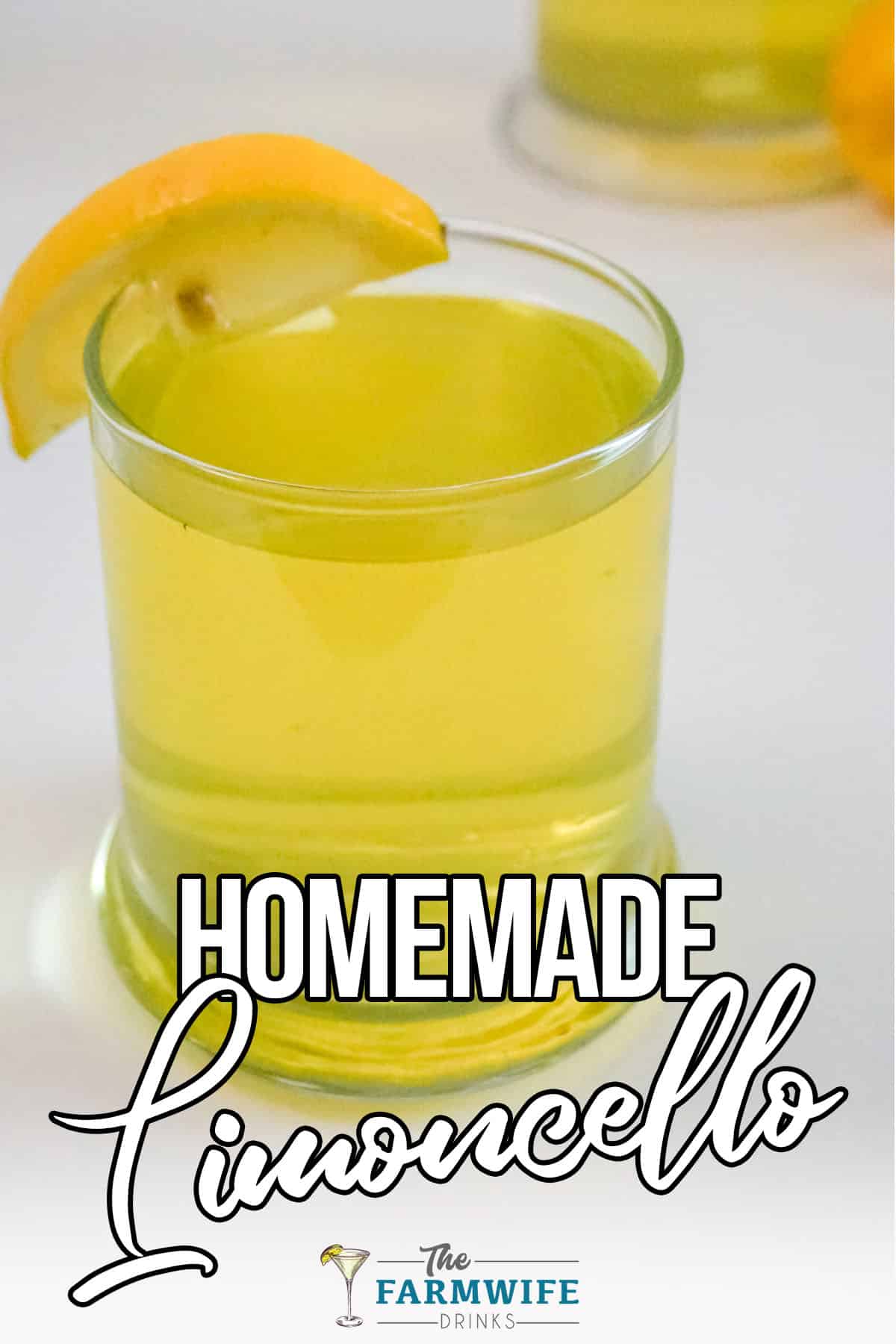 limoncello in a glass with text which reads homemade limoncello