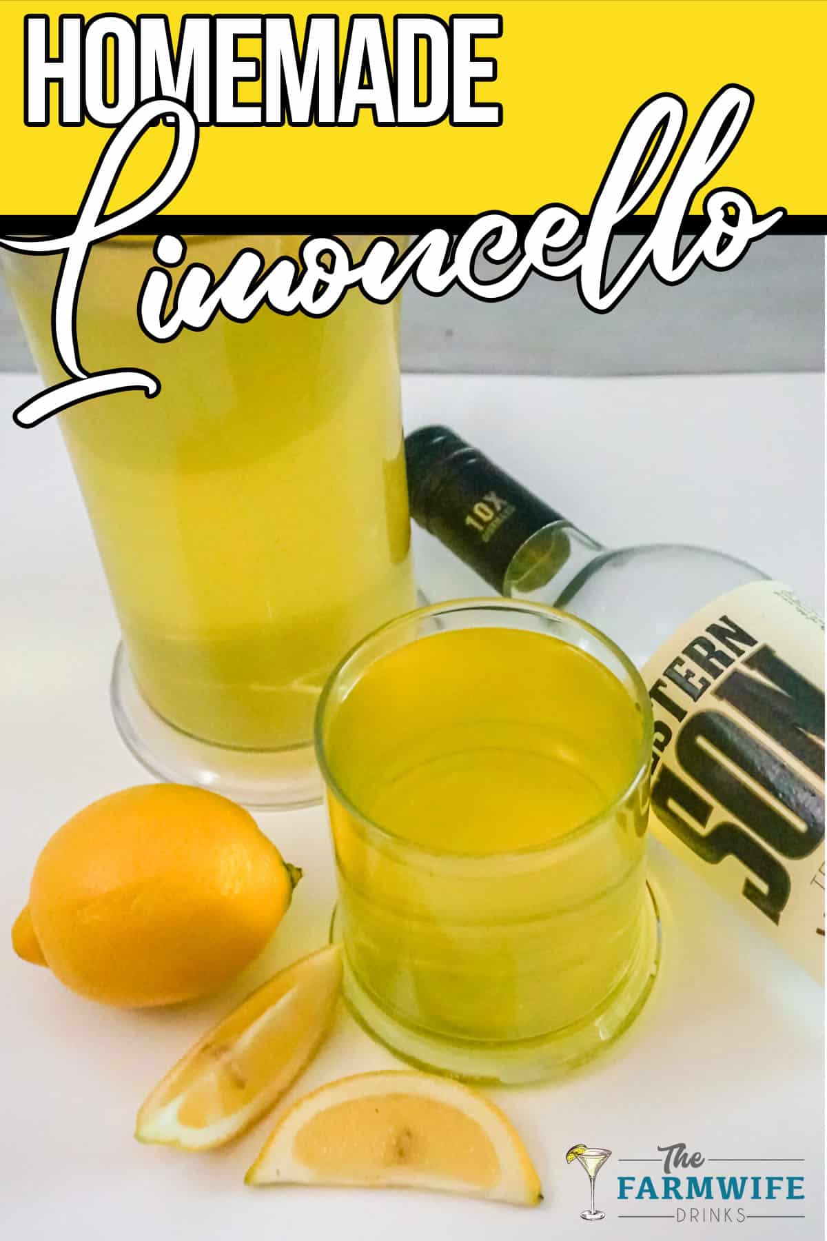 limoncello in a glass with text which reads homemade limoncello