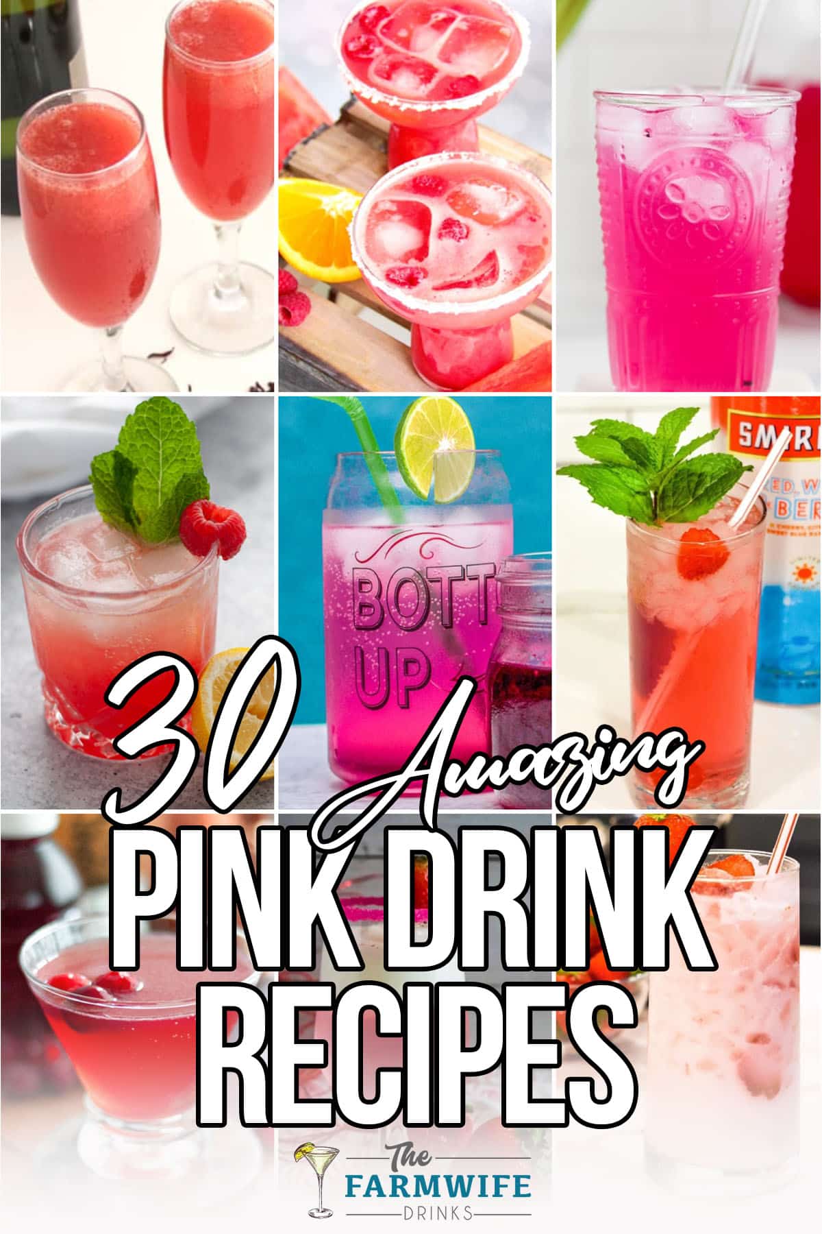 photo collage of various pink drinks with text which reads 30 amazing pink drink recipes