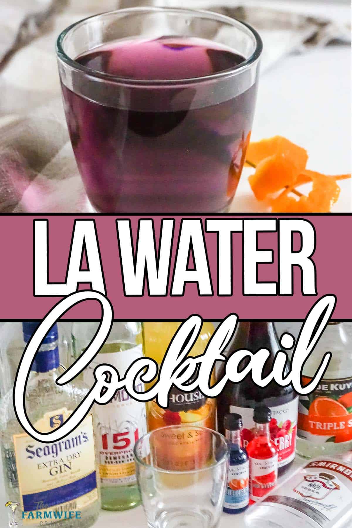 photo collage of easy purple cocktail drink with text which reads LA Water Cocktail