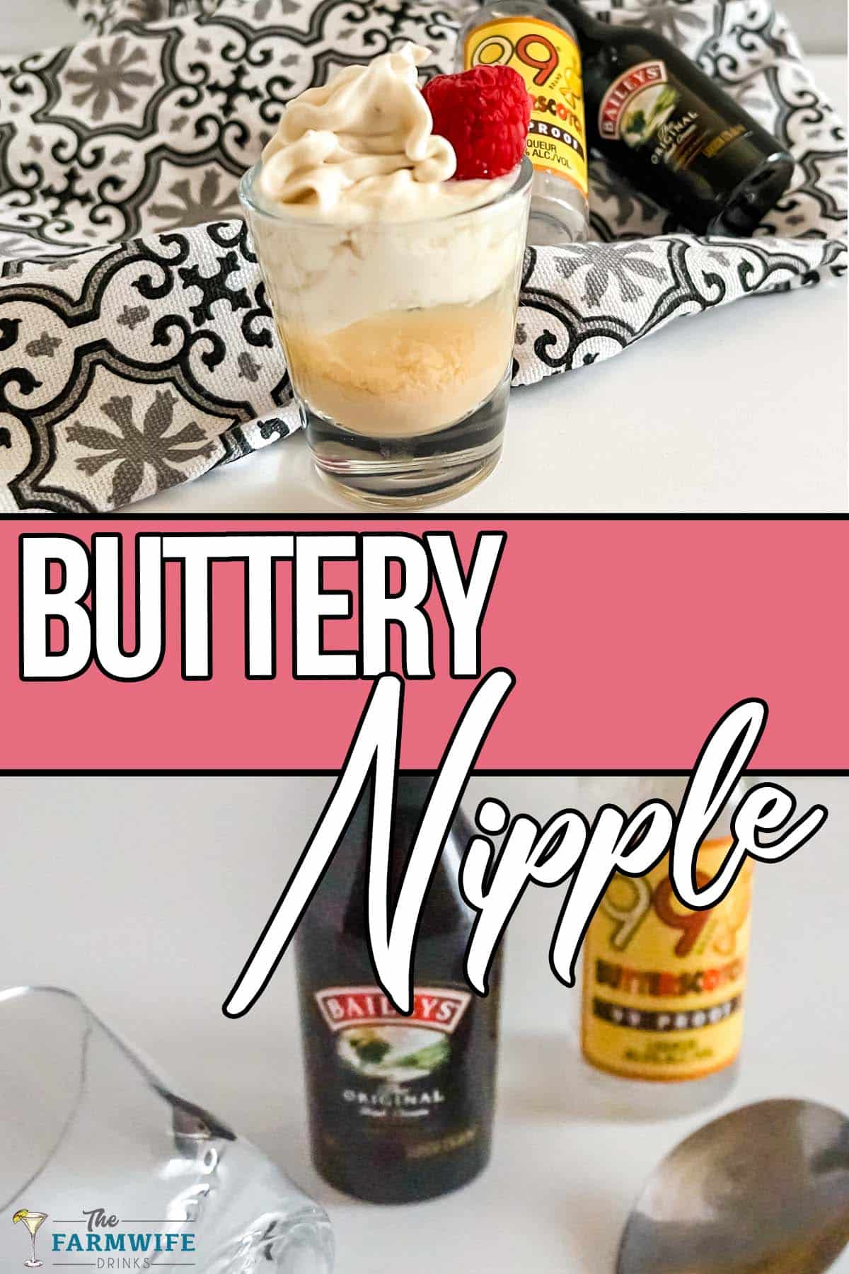 photo collage of easy baileys and butterscotch shot with text which reads Buttery nipple