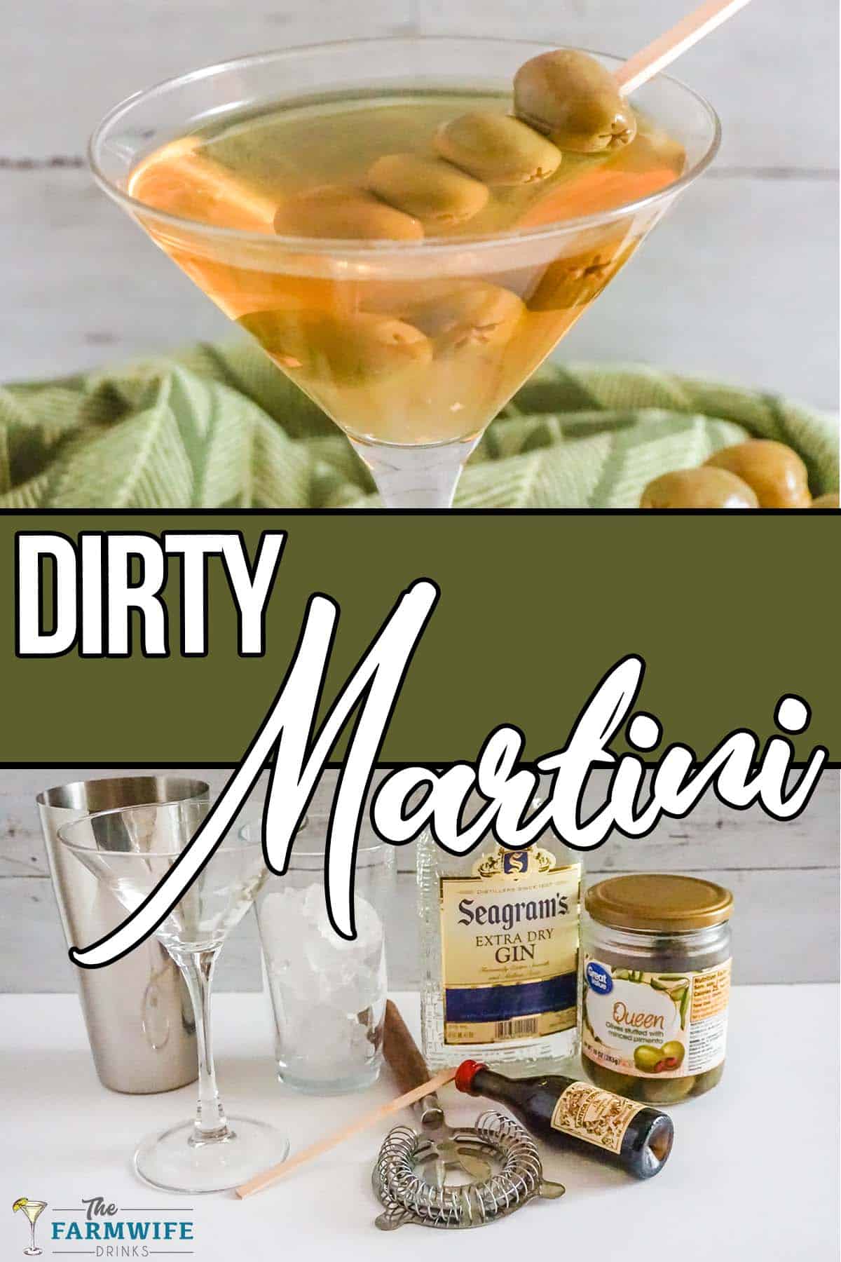 photo collage of olive-filled martini with text which reads dirty martini cocktail