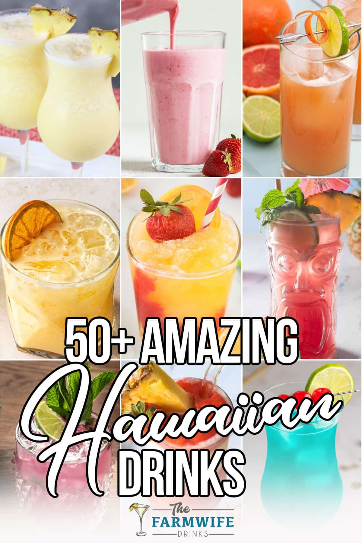 photo collage of hawaiian drink recipes with text which reads 50+ amazing hawaiian drinks