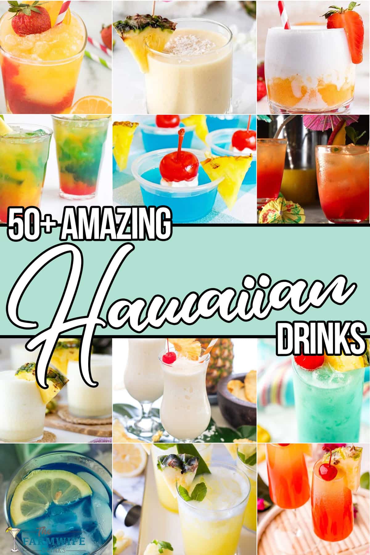 photo collage of hawaiian drink recipes with text which reads 50+ hawaiian drinks