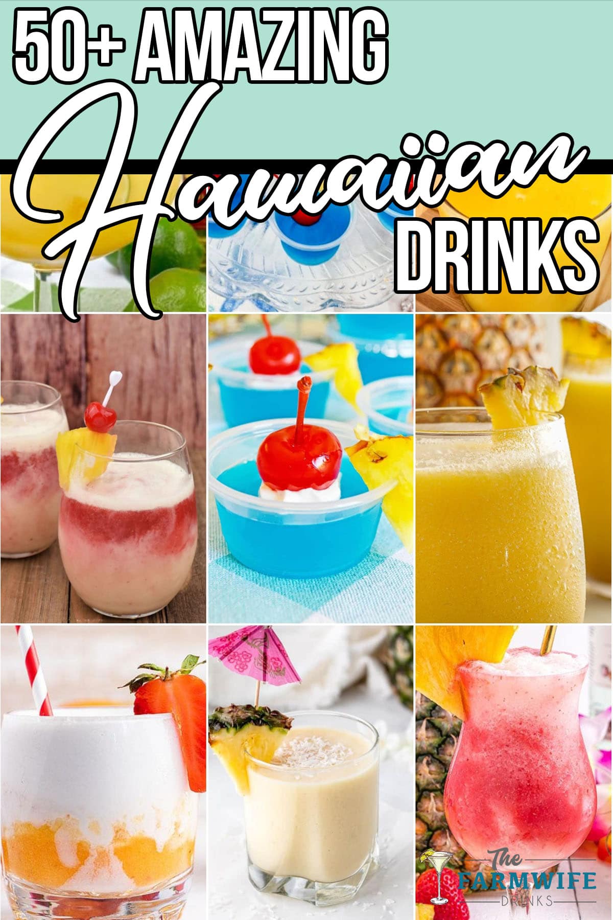 photo collage of hawaiian drink recipes with text which reads 50+ hawaiian drinks