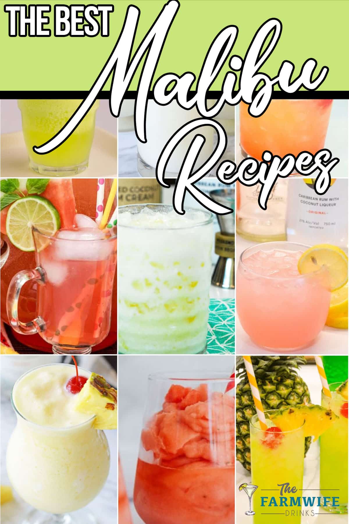 photo collage of drink recipes using malibu rum with text which reads the best malibu recipes