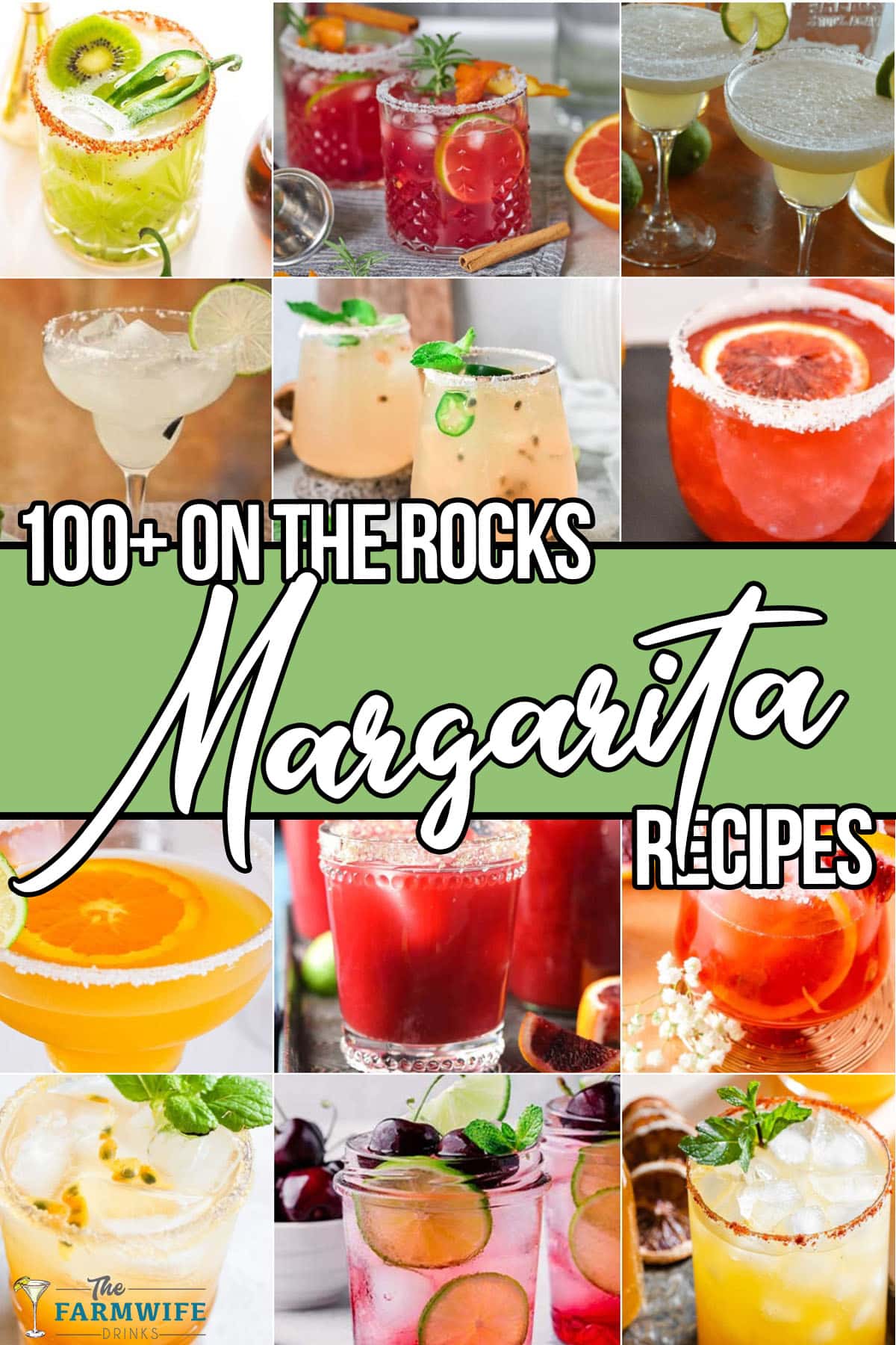 photo collage of margarita on the rocks recipes with text which reads 100+ on the rocks margarita recipes