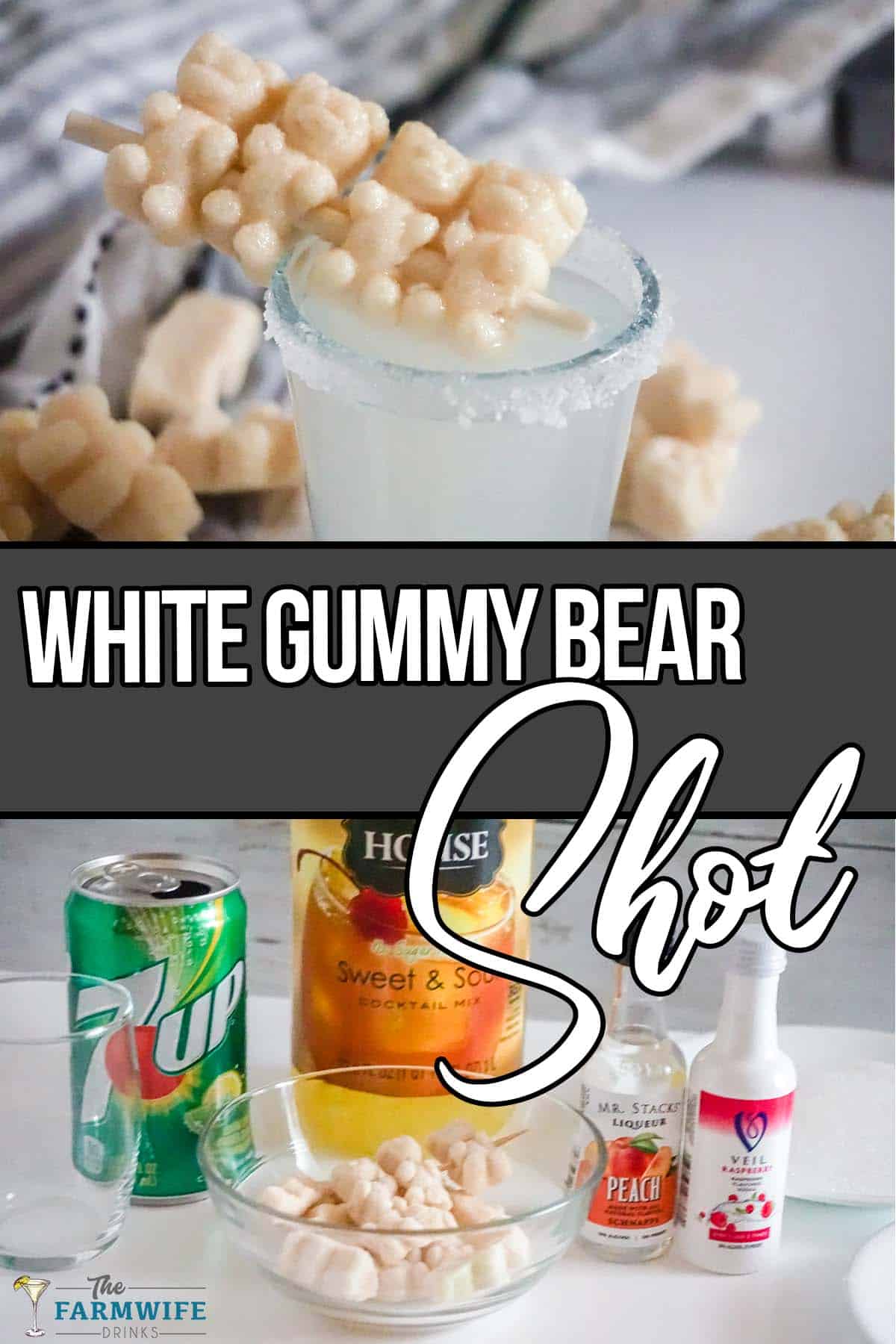 photo collage of easy gummy bear shot cocktail with text which reads white gummy bear shot