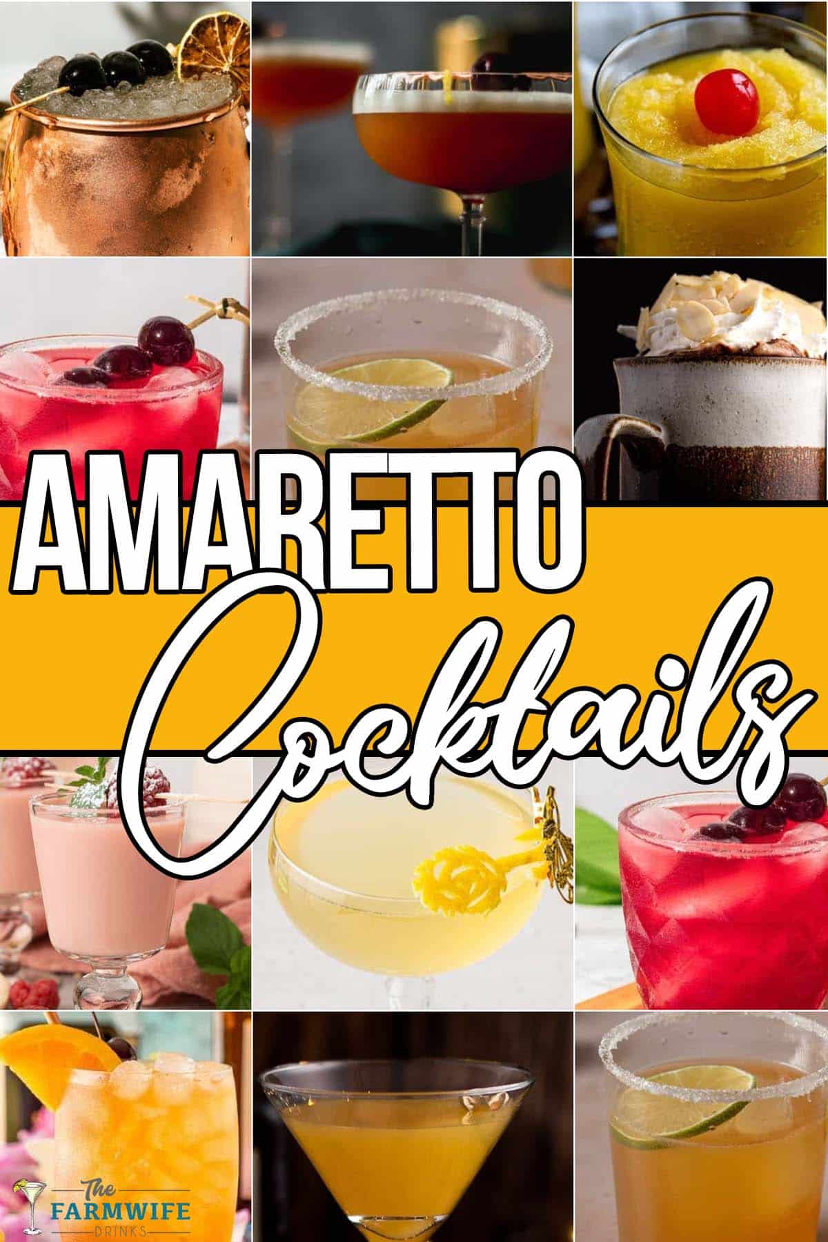 photo collage of cocktails made using amaretto with text which reads amaretto cocktails